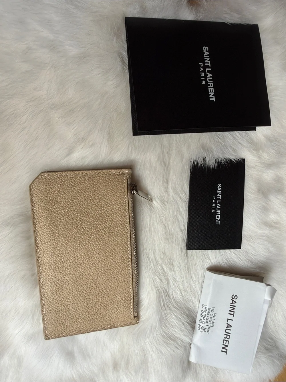 Authentic Saint Laurent Tan Leather Zip Holder Silver Fragments zipped card case
